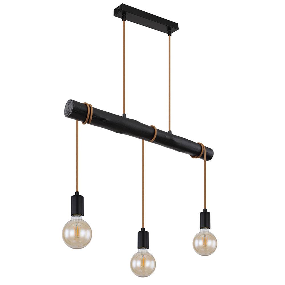 Hängelampe Esstisch Pendelleuchte schwarz Wohnzimmerlampe modern, Holzlampe 3-flammig Seil Höhe anpassbar, Metall, 3x E27 Fassung, LxBxH 60x5x120 cm