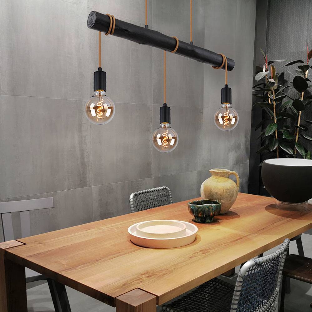 Hängelampe Esstisch Pendelleuchte schwarz Wohnzimmerlampe modern, Holzlampe 3-flammig Seil Höhe anpassbar, Metall, 3x E27 Fassung, LxBxH 60x5x120 cm