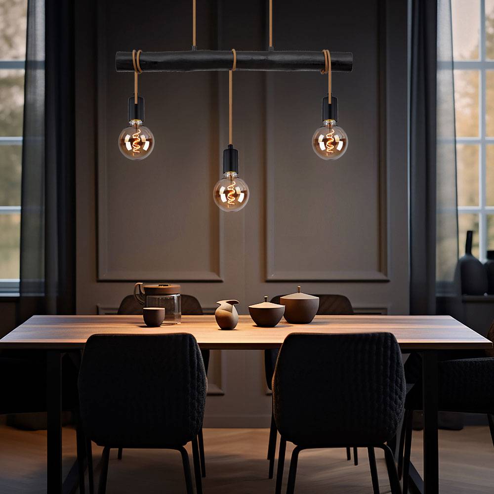 Hängelampe Esstisch Pendelleuchte schwarz Wohnzimmerlampe modern, Holzlampe 3-flammig Seil Höhe anpassbar, Metall, 3x E27 Fassung, LxBxH 60x5x120 cm