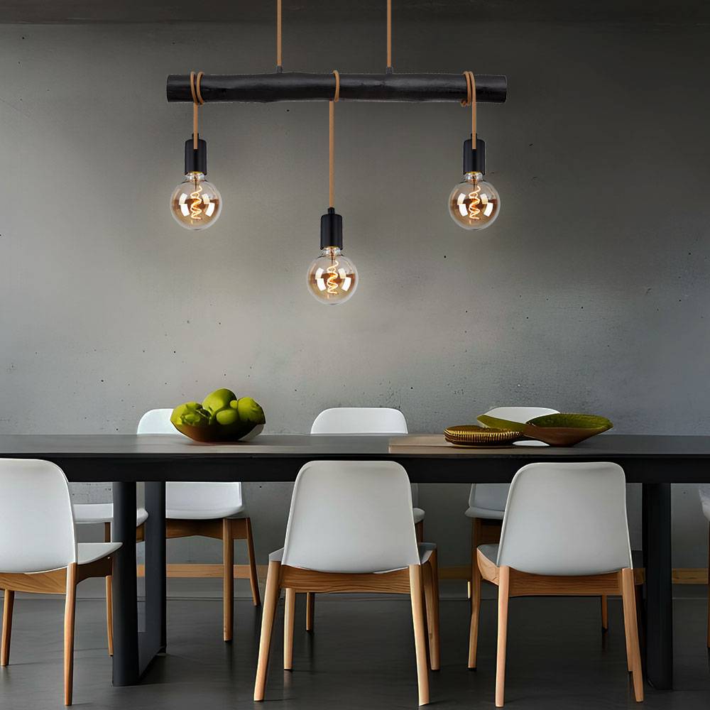 Hängelampe Esstisch Pendelleuchte schwarz Wohnzimmerlampe modern, Holzlampe 3-flammig Seil Höhe anpassbar, Metall, 3x E27 Fassung, LxBxH 60x5x120 cm