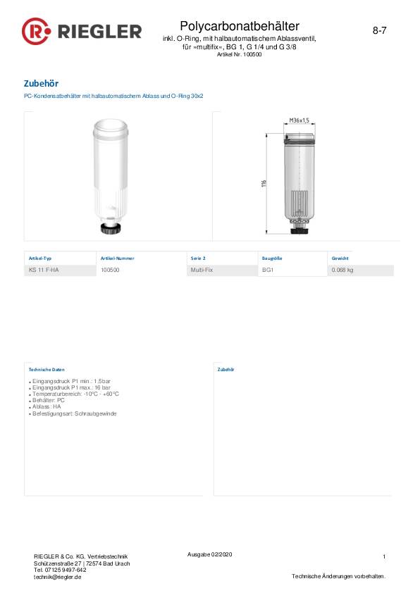 Polycarbonatbehälter inkl. O-Ring halbautom. Ablassventil BG 1