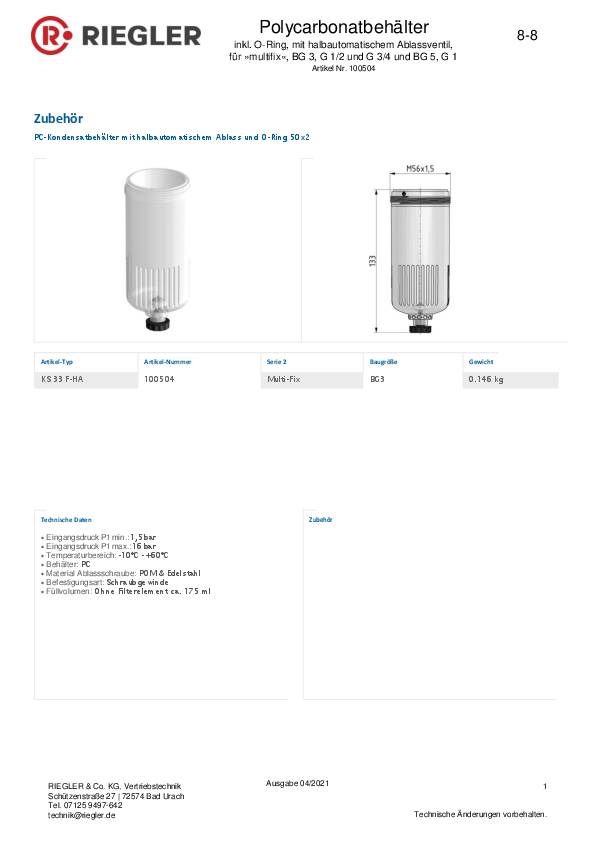 Polycarbonatbehälter inkl. O-Ring halbautom. Ablassventil BG 3