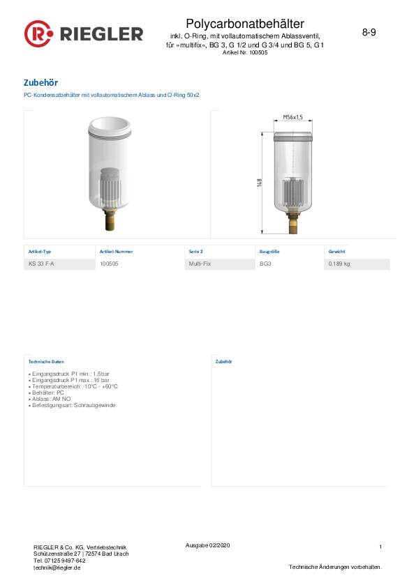 Polycarbonatbehälter inkl. O-Ring vollautom. Ablassventil BG 3