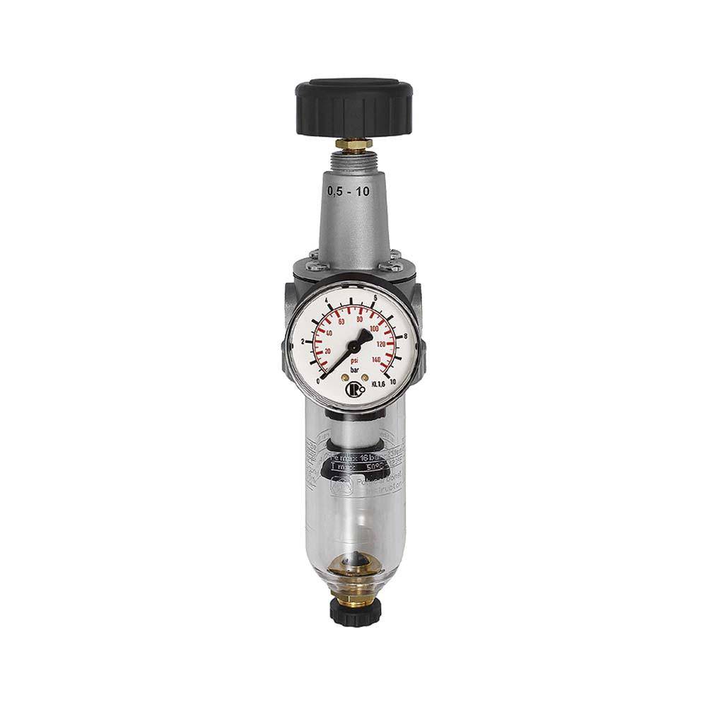 Filterregler "Standard" - BG 2 - G 3/8" - 40 µm - PE max. 16 bar - Regelbereich 0,5 bis 10 bar - Ablass HA - mit PC-Behälter und Manometer