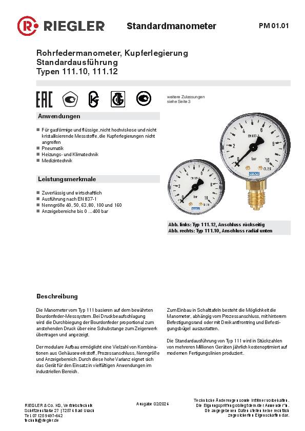 Standardmanometer KS-G. G 1/8 hinten zentrisch 0 - 16,0 bar D. 40
