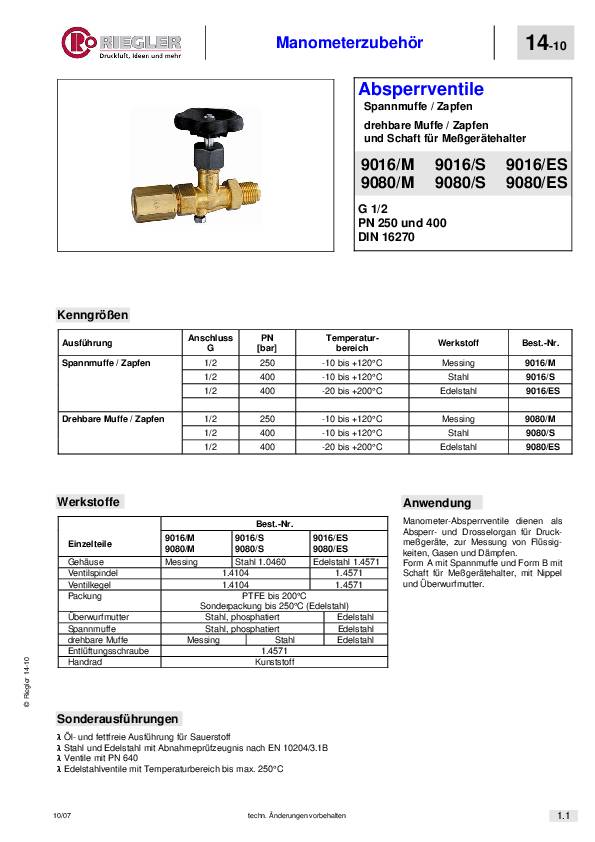 Manometer-Absperrventil Zapfen-Spannmuffe DIN16270 ES 1.4571 G 1/2
