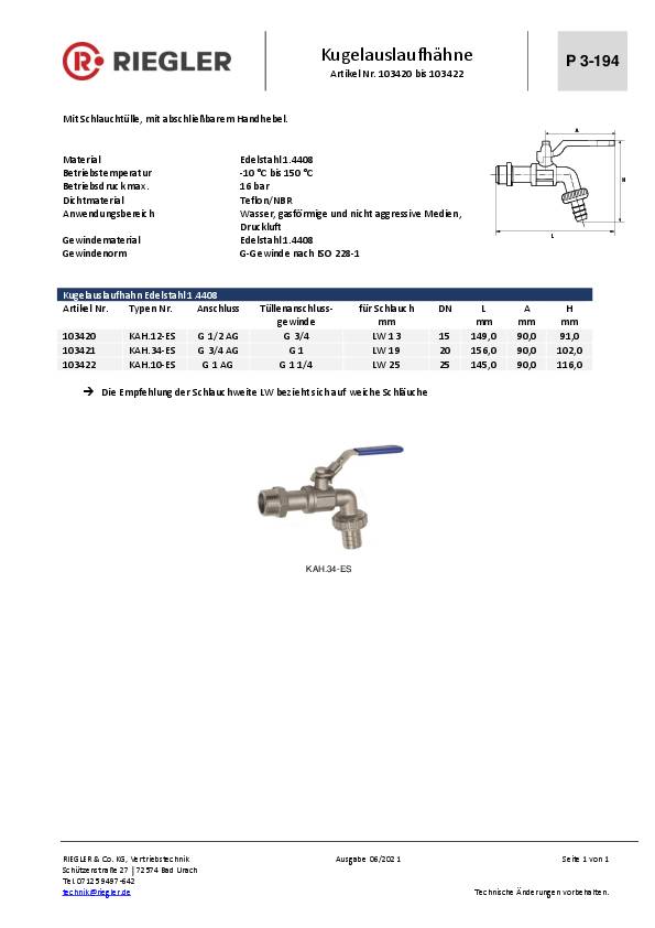 Kugelauslaufhahn Edelstahl 1.4408 G 3/4 AG DN 20