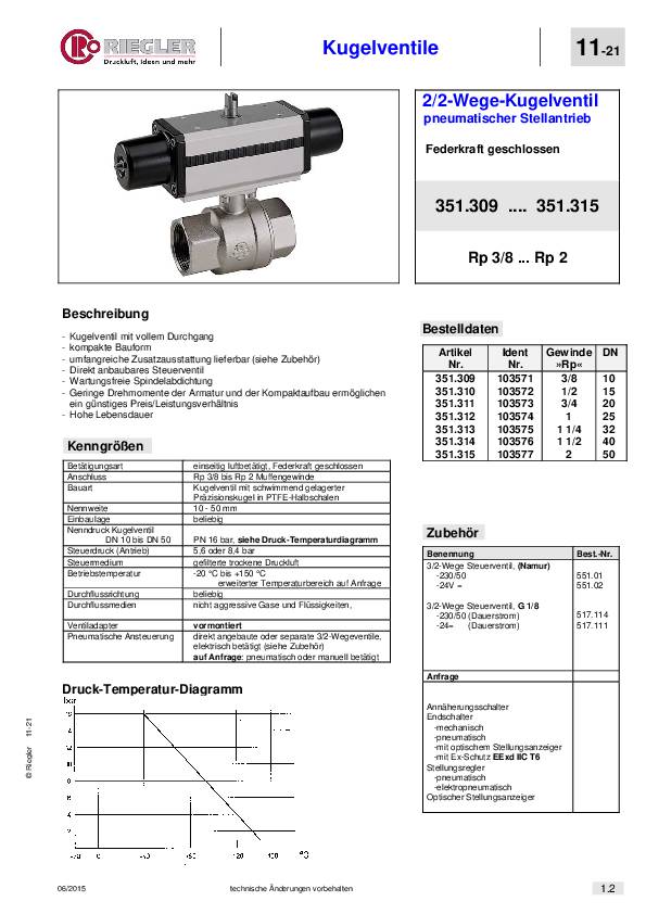 Messingkugelhahn · pneumat. Stellantrieb · einfachwirkend · Rp 1/2