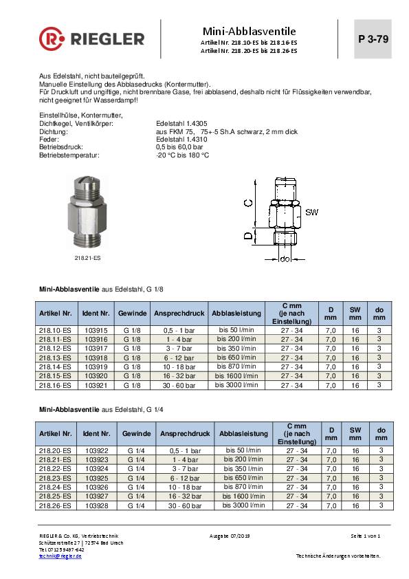 Mini-Abblasventil Edelstahl G 1/8 Ansprechdruck 16,0 - 32,0 bar