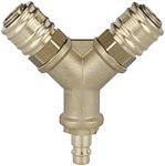 Riegler Verteiler mit 2 Schnellverschlusskupplungen NW 7,2, Messing blank, mit Stecknippel NW 7,2 - NW 7,8, G 1/2, Betriebsdruck 0-35 bar<br>1-, 2-