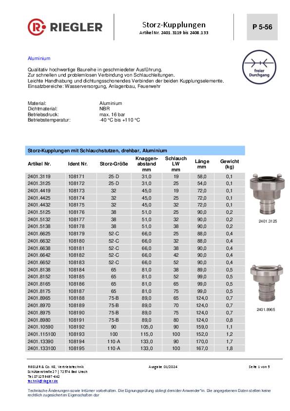 Storz-Kupplung Stutzen drehbar Alu Storz-Größe 52-C LW 52