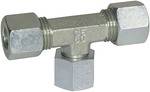 Riegler Einstellbare T-Verschraubung, Dichtkegel, 360° drehbar, Mutter M22x1,5 i., Rohr-Außen-Ø 15 mm, PN max. 315 bar, Stahl verzinkt