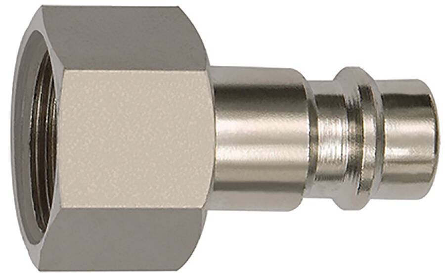 Metallischer Schlauch- oder Rohrstecker mit Sechskantmutter und abgestufter zylindrischer Verschraubung auf weißem Hintergrund