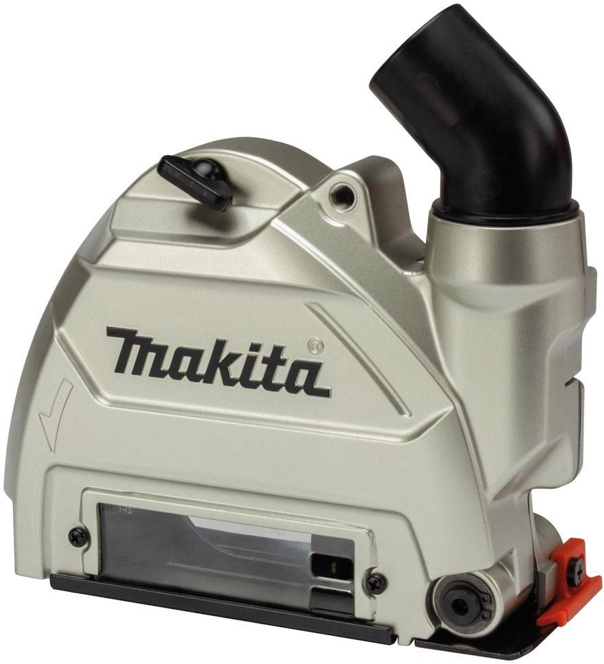 Ein Makita Staubabsaugaufsatz, der entwickelt wurde, um über ein Elektrowerkzeug gesetzt zu werden, mit robuster Konstruktion und schwarzer Düse für effiziente Debrisentfernung.