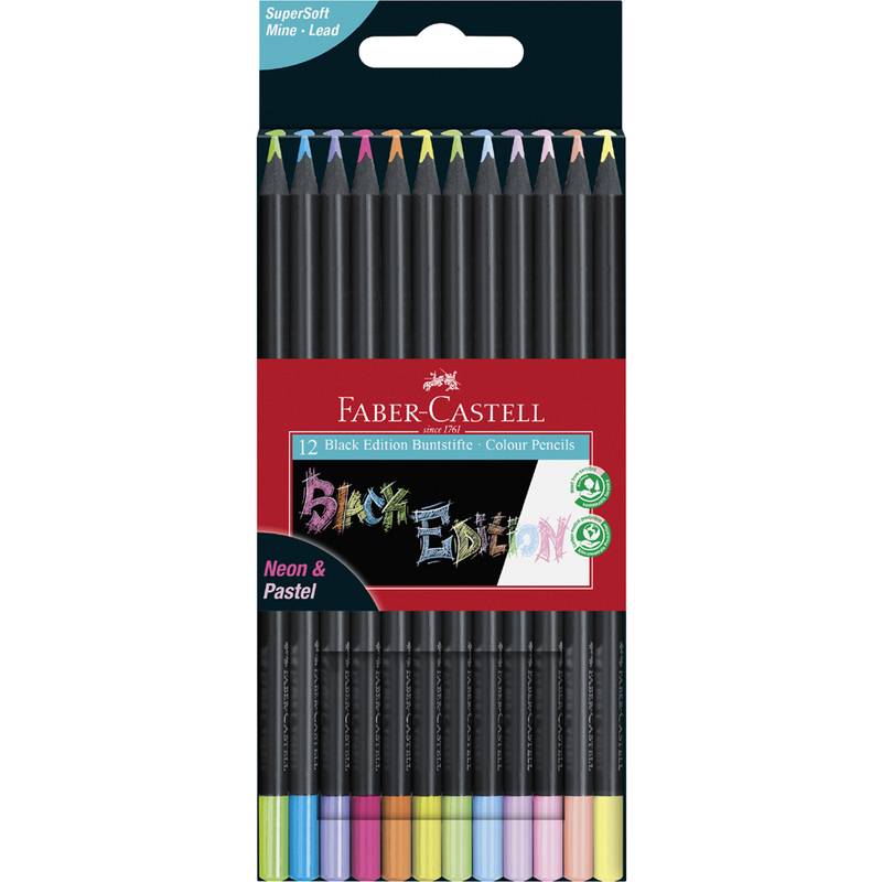 Faber-Castell Black Edition' Buntstift-Set mit 12 Stiften, ausgestattet mit Neon- und Pastelltönen und extrem weicher Mine, präsentiert in der Originalverpackung.