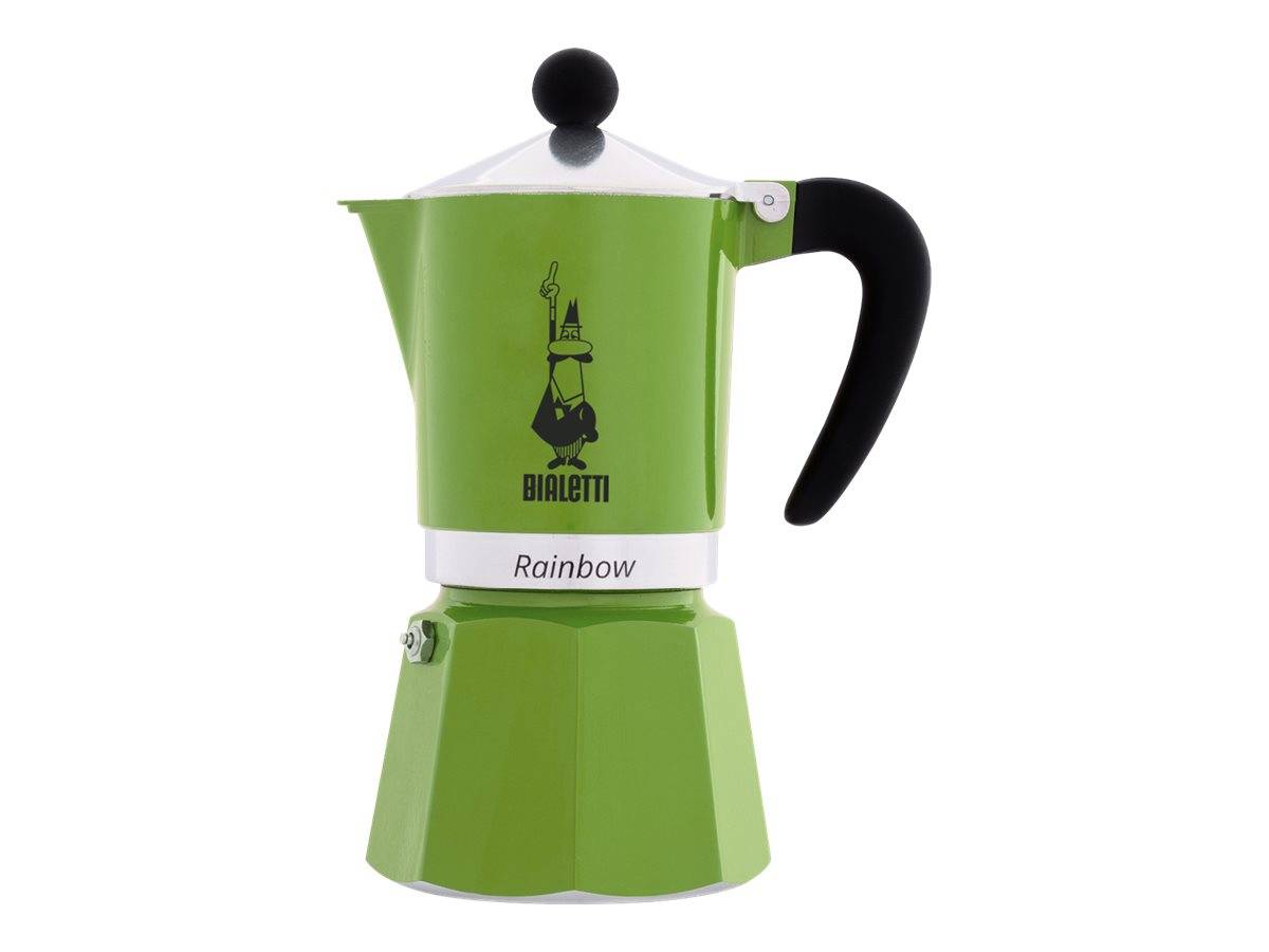 Grüner Bialetti Rainbow Espressokocher mit schwarzem Griff und dem Bialetti-Logo auf der Vorderseite.