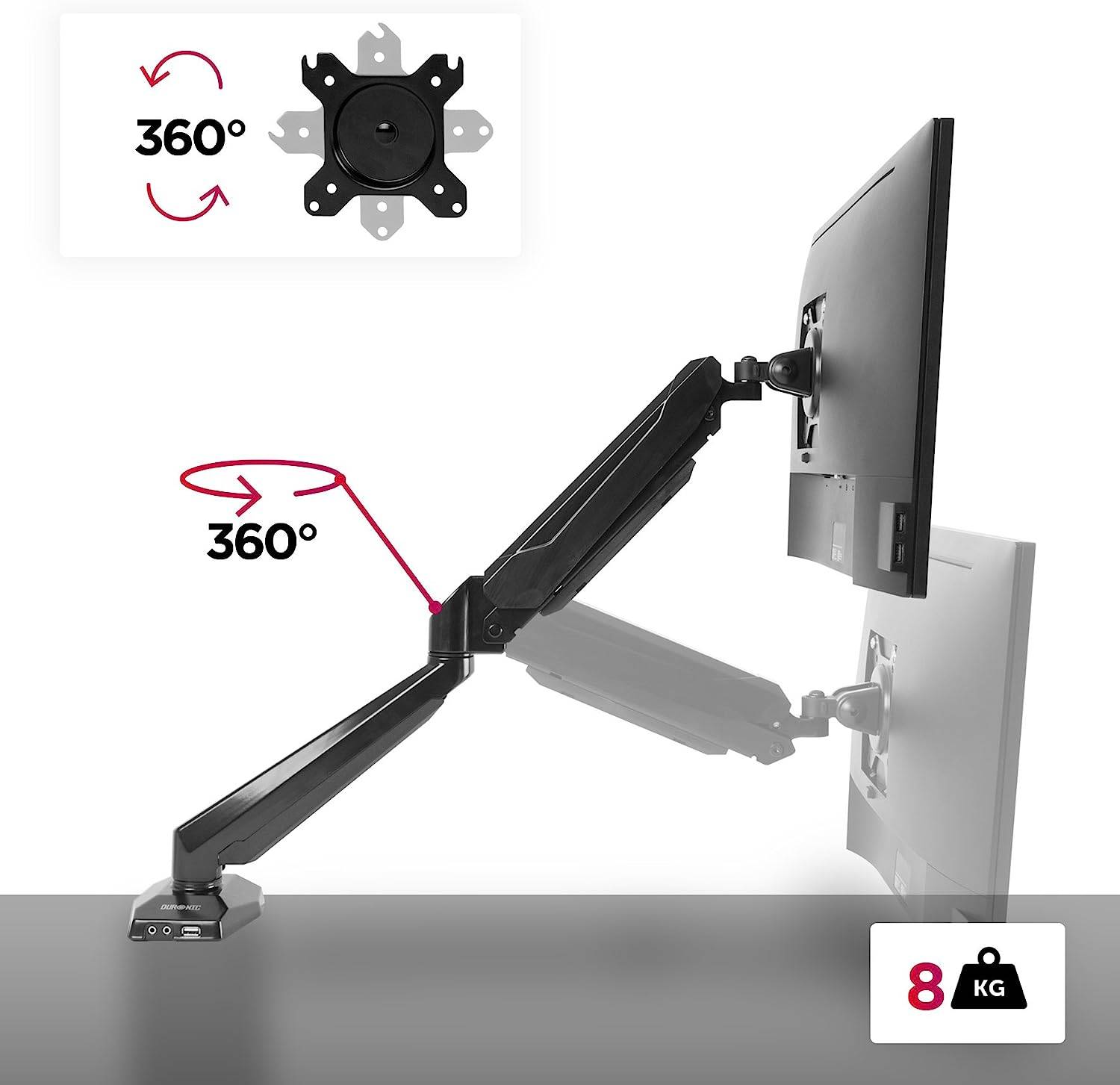 Duronic DMUSB5X1 USB Monitorhalterung für 27" - 8kg Kapazität - Verstellbar in Höhe, Neigung und Drehung - VESA 75/100