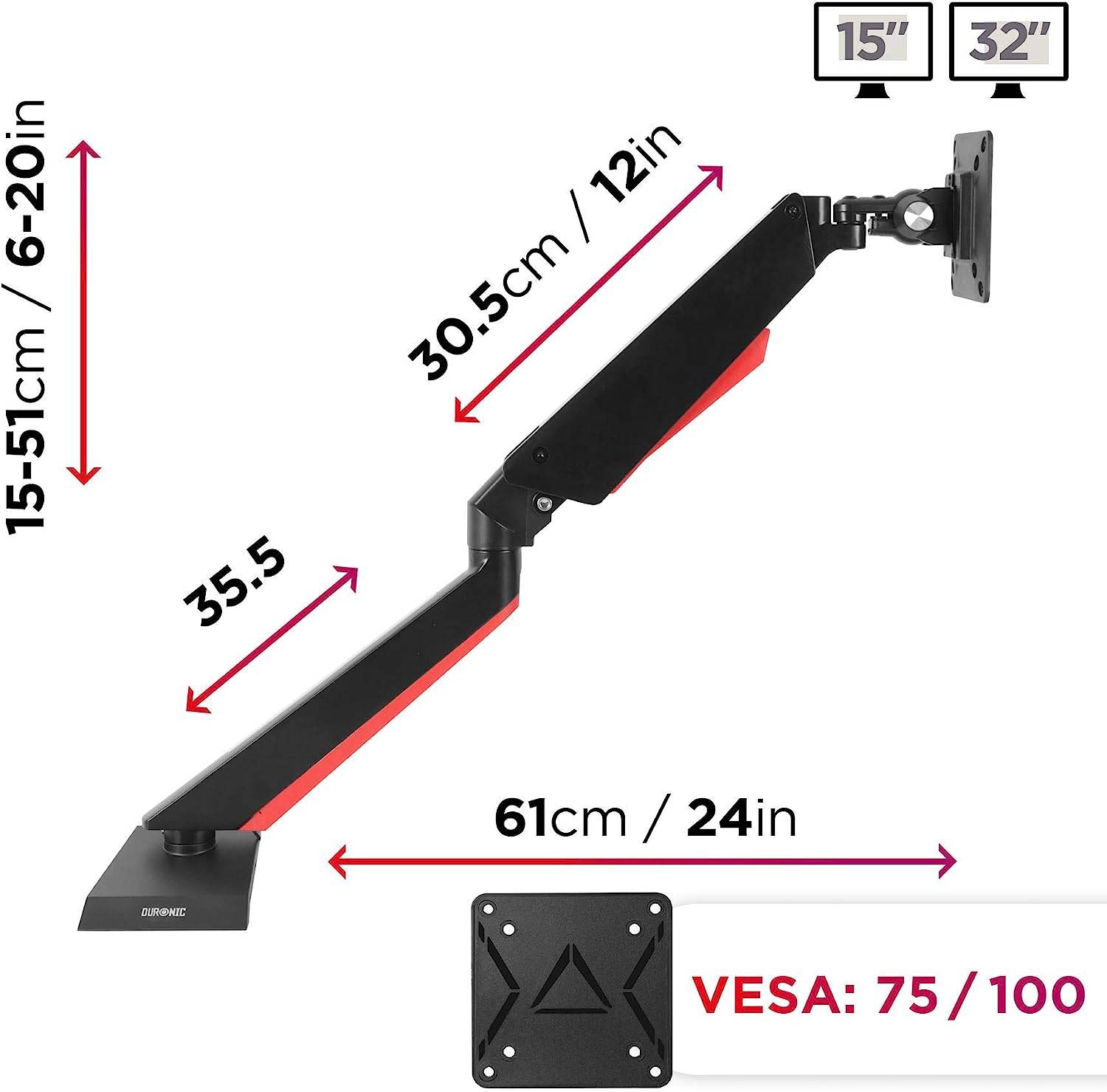 Duronic DMGM5X1 Monitorhalterung für 32" und 8kg - Rote LED - Verstellbar in Höhe, Neigung und Drehung - Gasdruckfeder