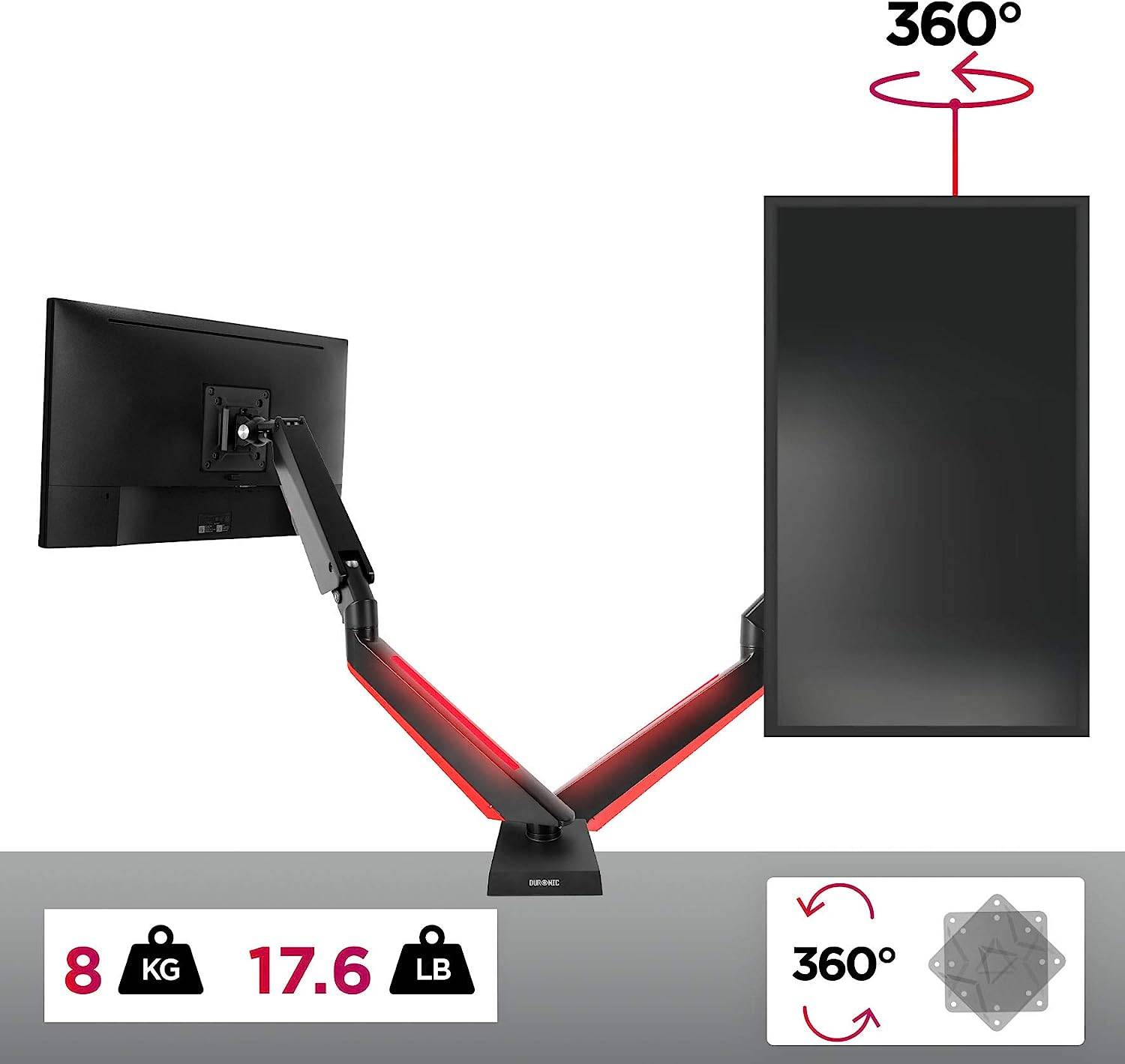Duronic DMGM5X1 Monitorhalterung für 32" und 8kg - Rote LED - Verstellbar in Höhe, Neigung und Drehung - Gasdruckfeder