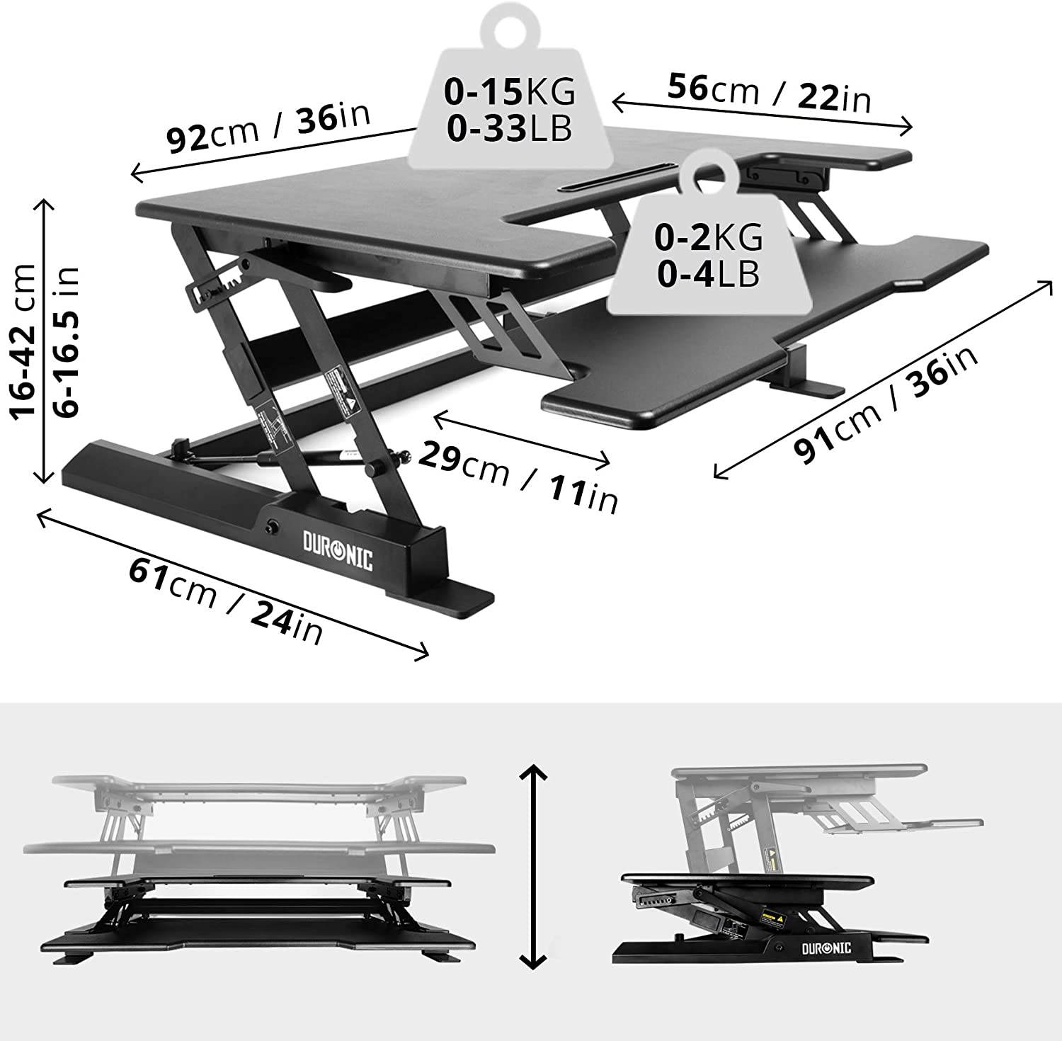 Duronic DM05D1 BK Workstation bis 42cm höhenverstellbar - Sit-Stand Stehpult mit Tastaturhalterung - 92cm x 56cm