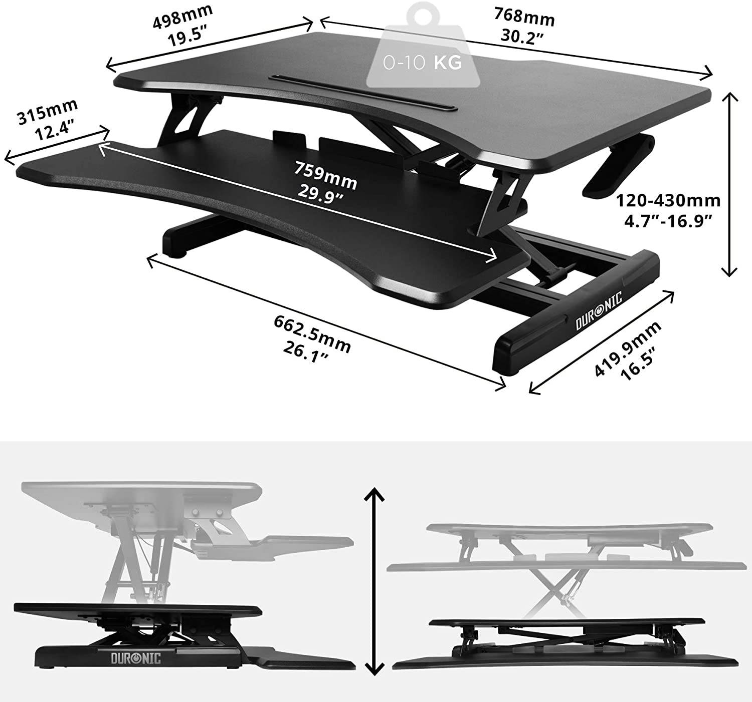 Duronic DM05D16 Workstation bis 43cm höhenverstellbar - Sit-Stand Stehpult mit Tastaturablage - 76,8cm x 49,8cm