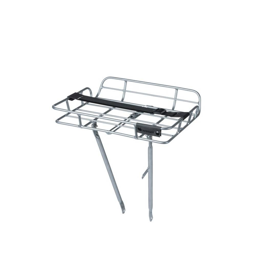 Basil 50408 Portland Gepäckträger für Vorderrad (VR) 26-28" mit Strebe und Umrandung, Alu Natural, silber