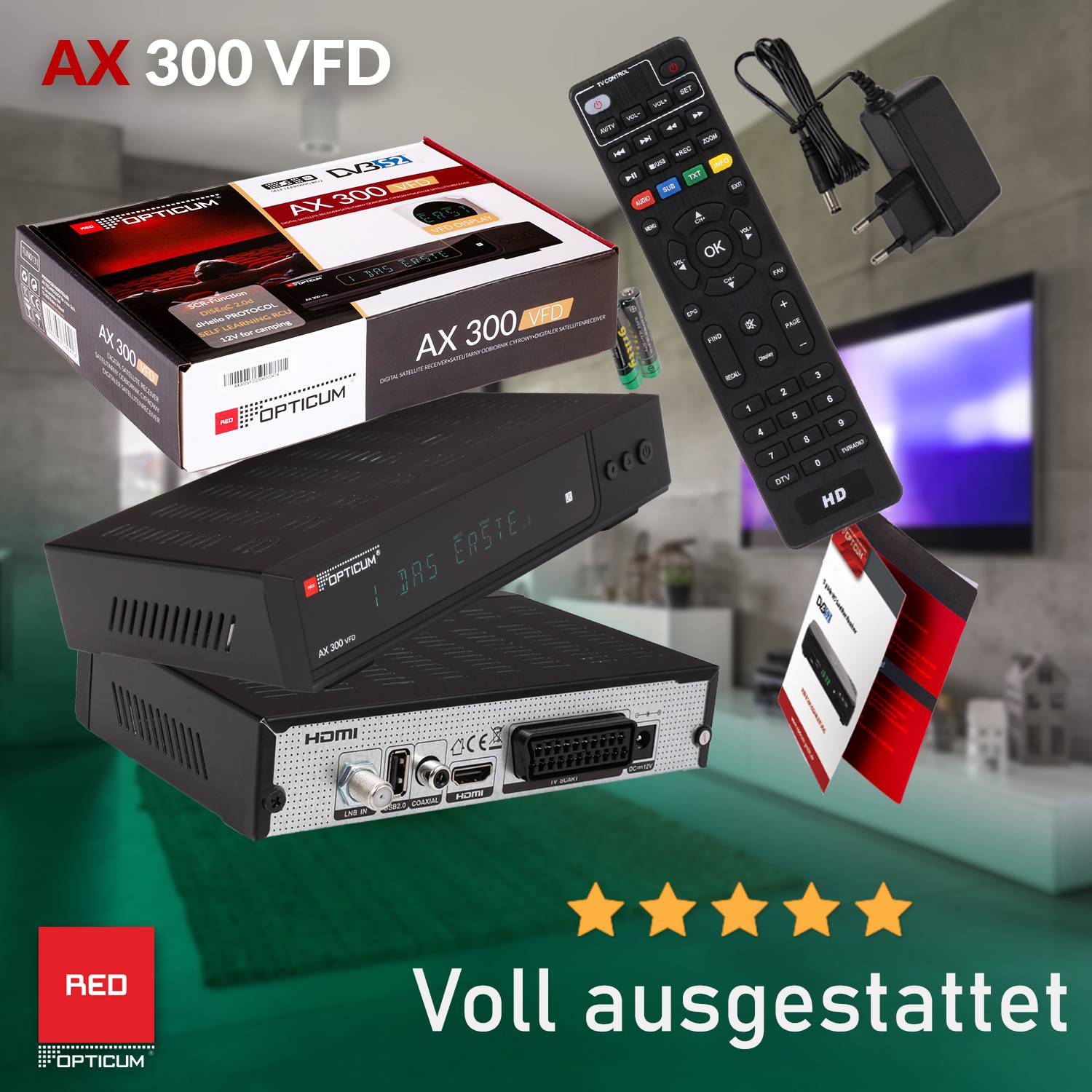 AX 300 VFD Sat Receiver PVR Digitaler Satelliten-Receiver HD-TV mit alphanumerischem Display -12 V