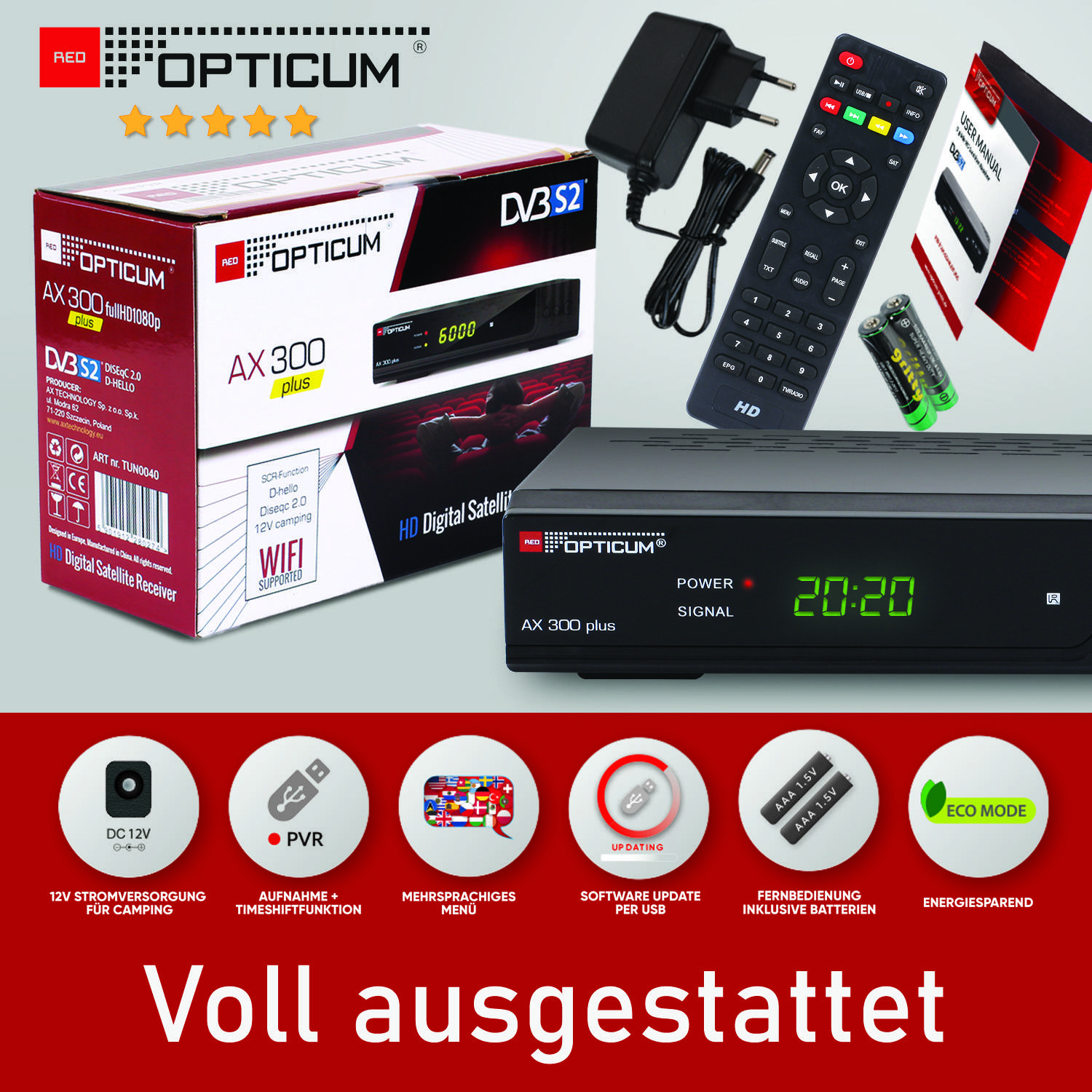 AX 300 Plus Sat Receiver mit PVR I Digitaler Satelliten-Receiver HD 1080p -HDMI-SCART - USB-schwarz