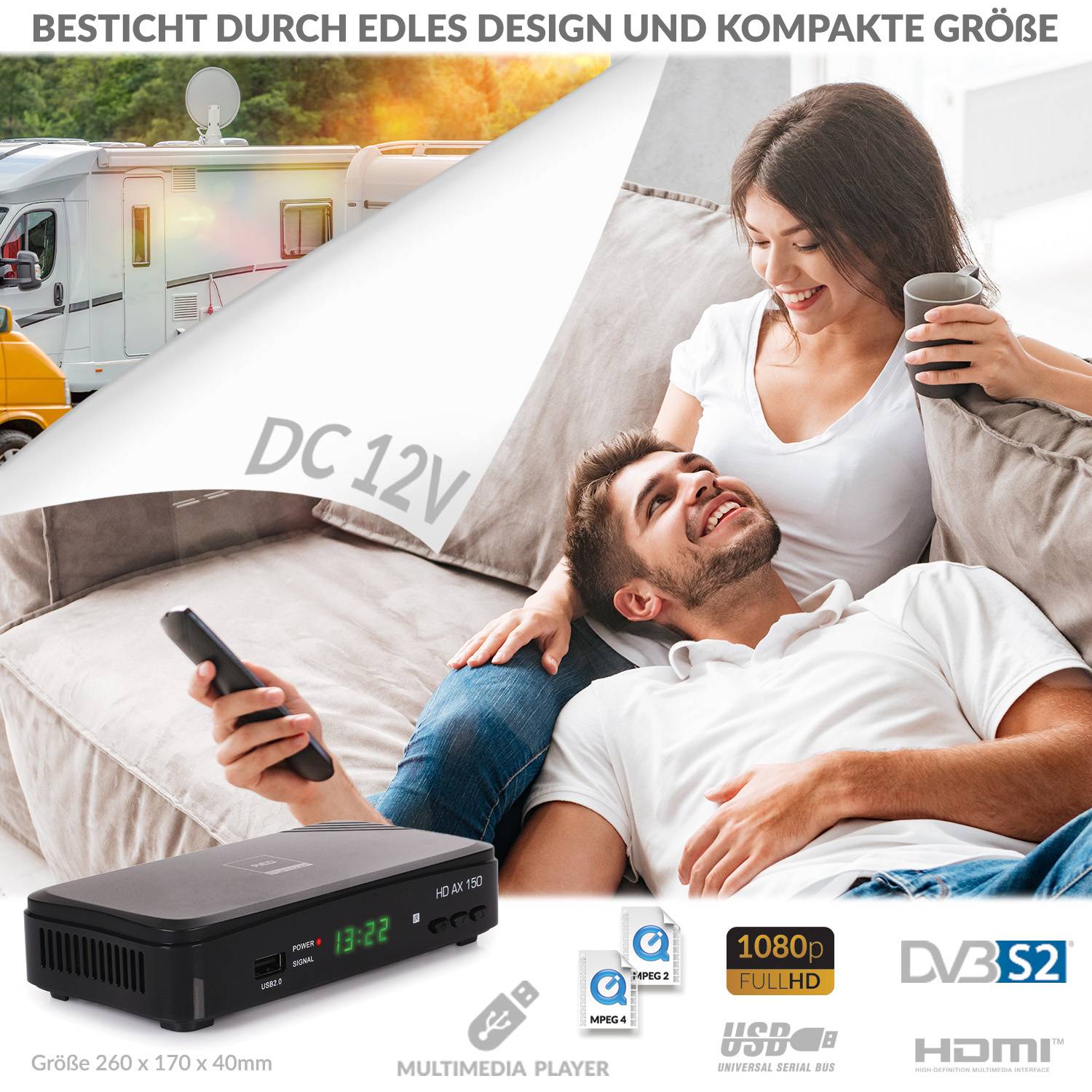 AX 150 Sat Receiver I Digitaler Satelliten-Receiver HD-HDMI - SCART-USB 12V Netzteil für Camping