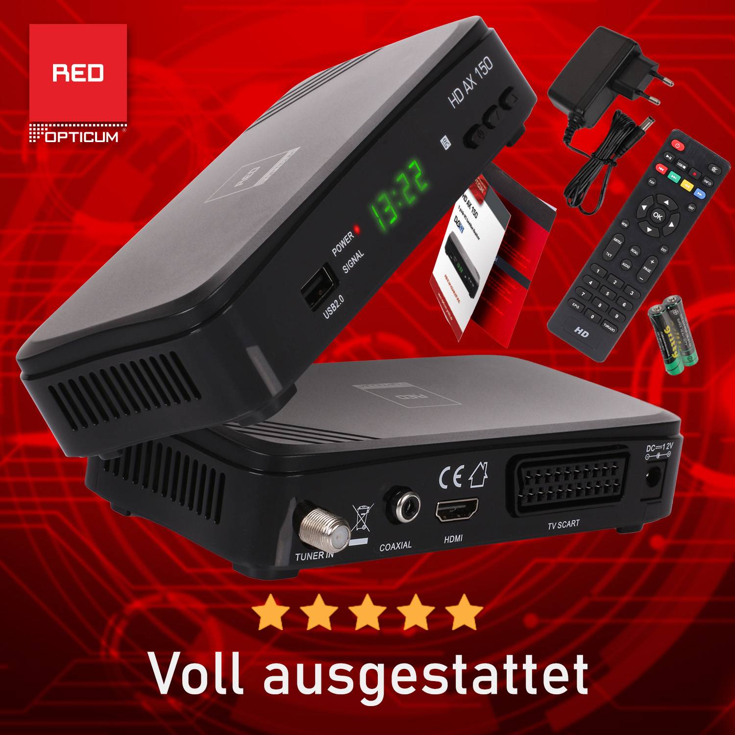 AX 150 Sat Receiver I Digitaler Satelliten-Receiver HD-HDMI - SCART-USB 12V Netzteil für Camping