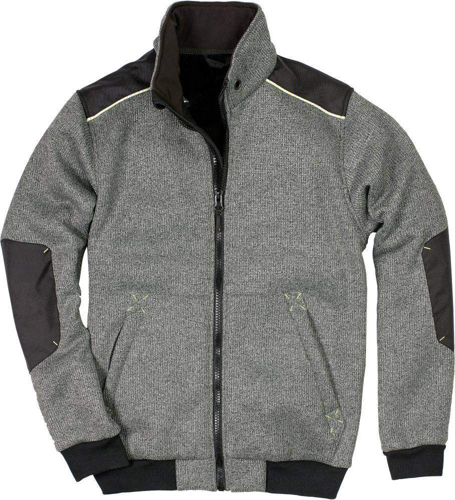 Graue Jacke mit Reißverschluss und schwarzen Kragen-, Schulter-, Ellbogen- und Manschettenblenden auf weißem Hintergrund.