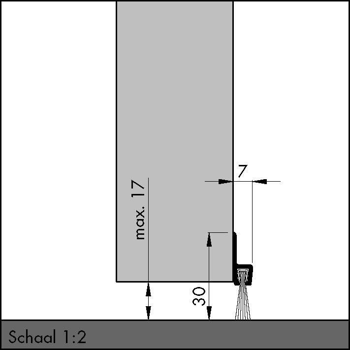 Ein Diagramm zeigt eine Seitenansicht eines Objekts mit Abmessungen. Der obere Teil ist mit „max. 17