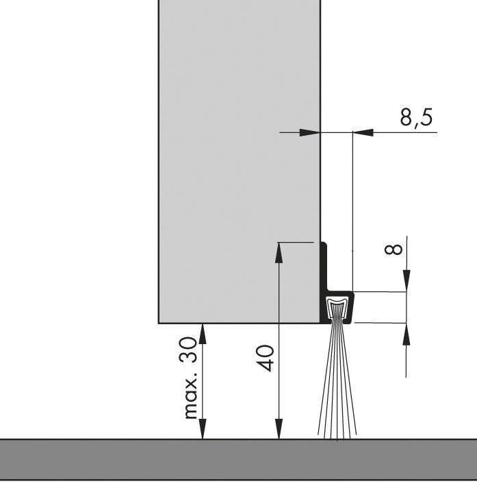 Querschnittsdiagramm einer Barriere mit Abmessungen: Höhe 40 mm, max. 30 mm über dem Boden, Spaltenbreite 8,5 mm, Tropfraum 8 mm.