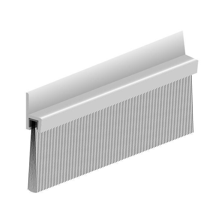 Eine 3D-Darstellung eines weißen Haarkamms mit dünnen, eng beieinander liegenden Borsten, die nach unten abgewinkelt sind, vor einem flachen Hintergrund.