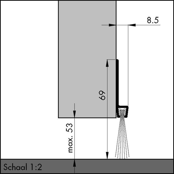 „Technische Zeichnung einer Tür mit Wasserspray an der unteren Kante. Abmessungen: Breite 8,5 mm, Höhe 69 mm, max. Schwelle 53 mm. Maßstab 1:2.