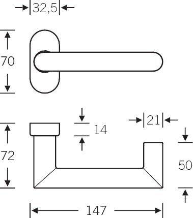 Abbildung eines Griffs mit Maßen. Länge: 70mm, Breite: 72mm und Dicke: 14mm. Die Seitenansicht zeigt eine Verlängerung von 21mm.