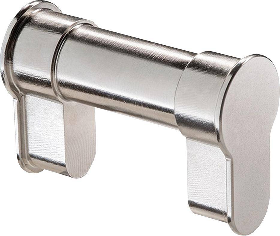 Metallischer Türriegel-Schließblech mit zylindrischem Stift und zwei Montagelaschen, isoliert auf weißem Hintergrund dargestellt.