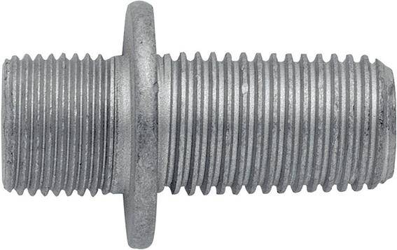 Metallisches Rohrgewinde-Verbindungsstück mit Außengewinden an beiden Enden und einem zentralen Flansch, gezeigt auf weißem Hintergrund.