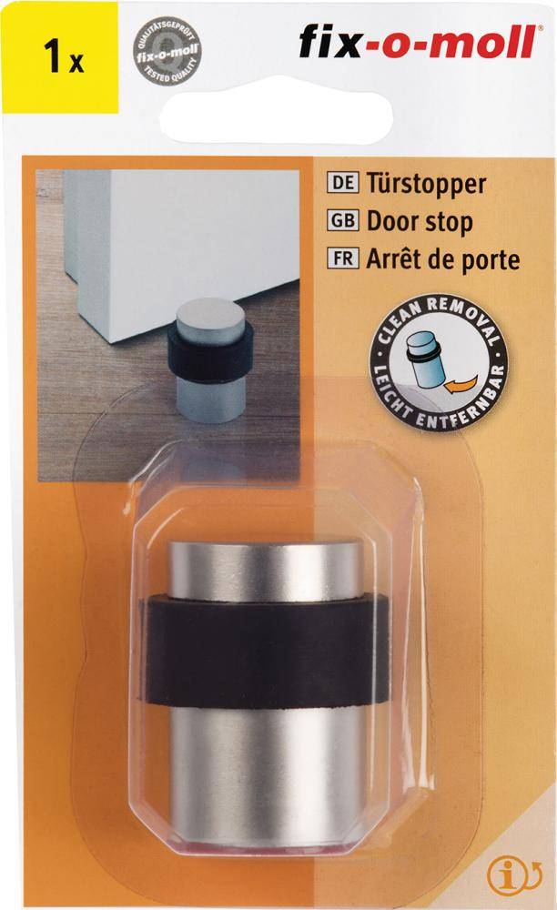 Fix-o-moll Türstopper, einteiliges Paket zeigt einen silber-schwarzen bodenmontierter Stopper und ein Foto davon, wie er eine Tür schützt.