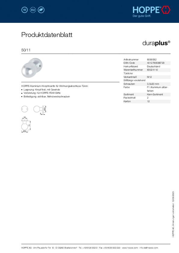Knopfrosette 50/11 Alu.F1 Aufnahme M12 Kugelknopf HOPPE