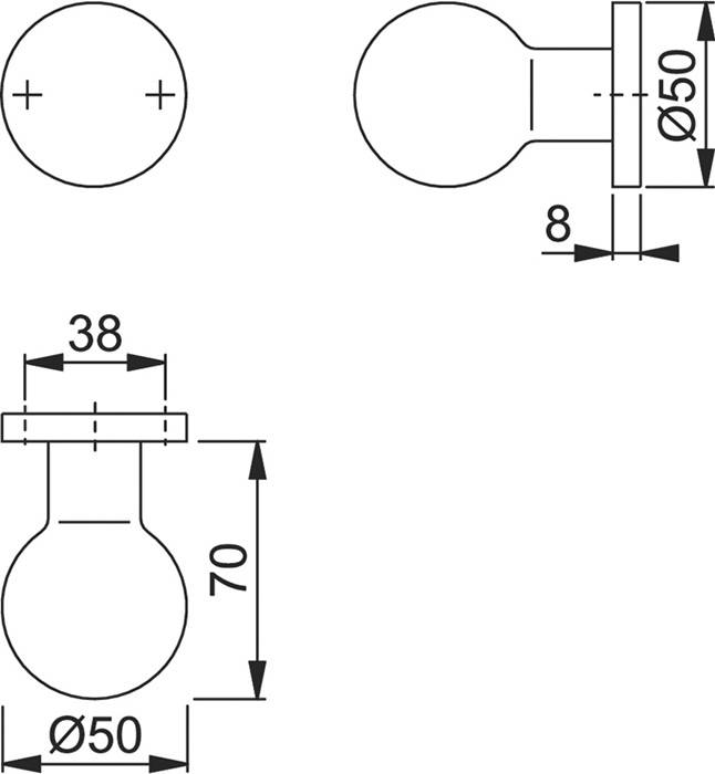 Technische Zeichnung eines zylindrischen Knopfes mit Ansicht von oben und der Seite. Abmessungen umfassen einen Durchmesser von 50 mm, eine Höhe von 70 mm und eine Befestigungsplattenbreite von 38 mm.