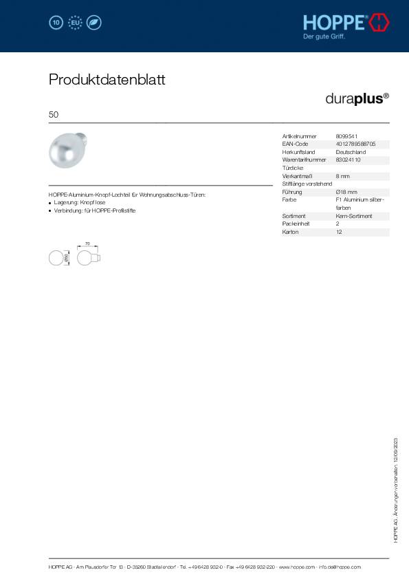 Knopflochteil 50 Alu.F1 Alu silberfarben 4-KT.8mm HOPPE