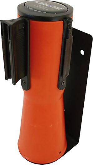 Orangefarbenes, wandmontiertes zylindrisches Gerät mit schwarzen Seitenbefestigungen und einer Oberkappe, dargestellt vor einem weißen Hintergrund.