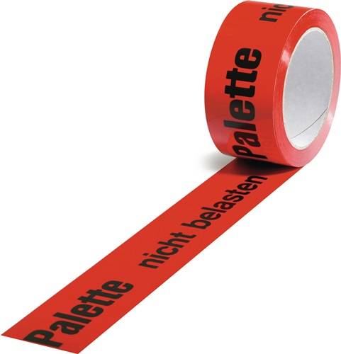 Rolle rotes Klebeband mit der Aufschrift „Palette