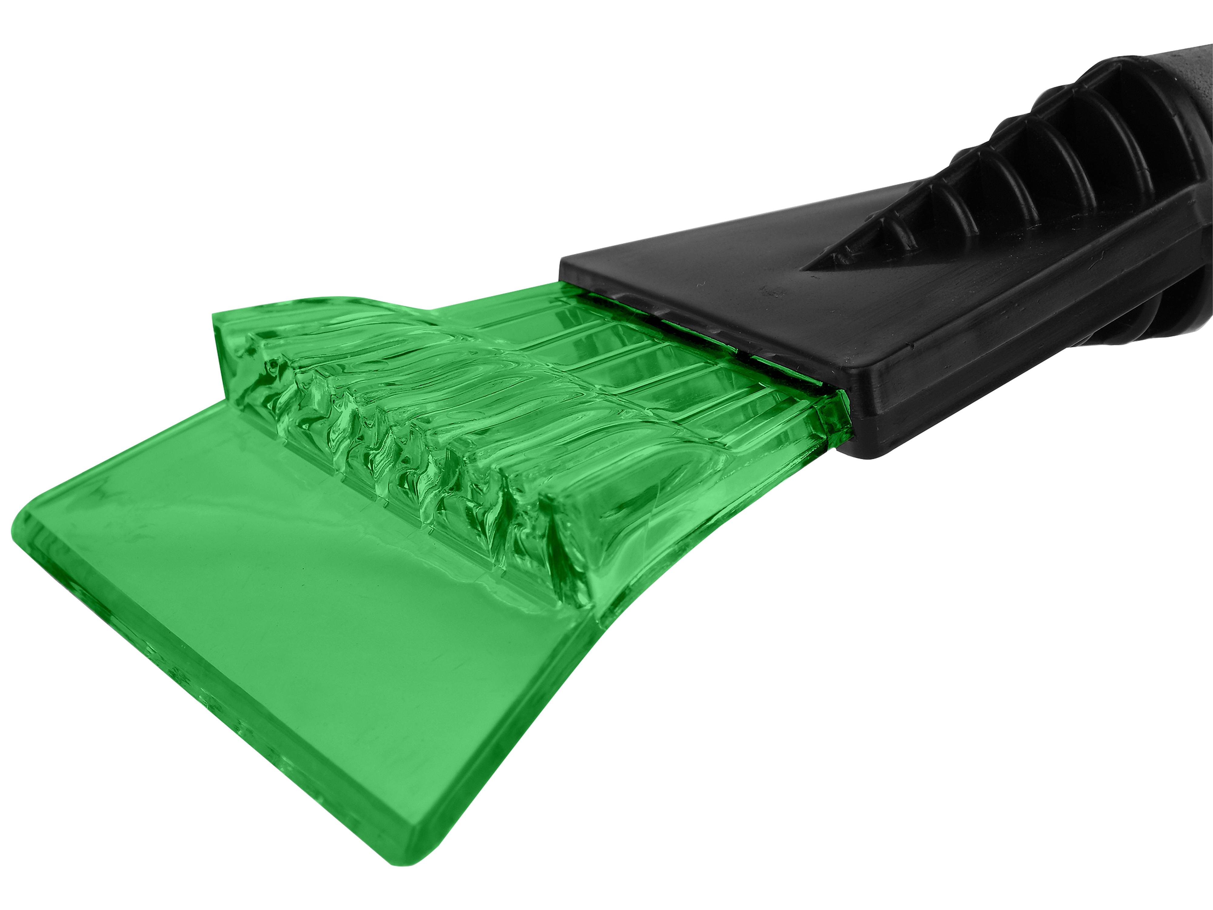 Ein schwarzer Griff, der an einem grünen Eiskratzer mit gezackter Kante befestigt ist, der zum Entfernen von Eis von Autoscheiben verwendet wird.