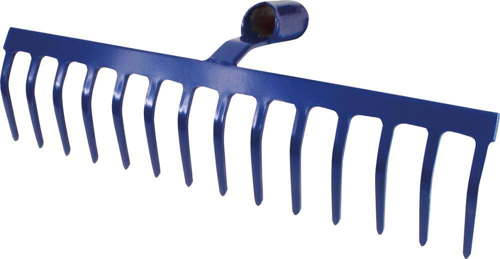 Ein blauer Metallrechen mit acht Zinken und einer zylindrischen Vorrichtung, verwendet zum Zusammentragen von Blättern oder zum Glätten von Boden.