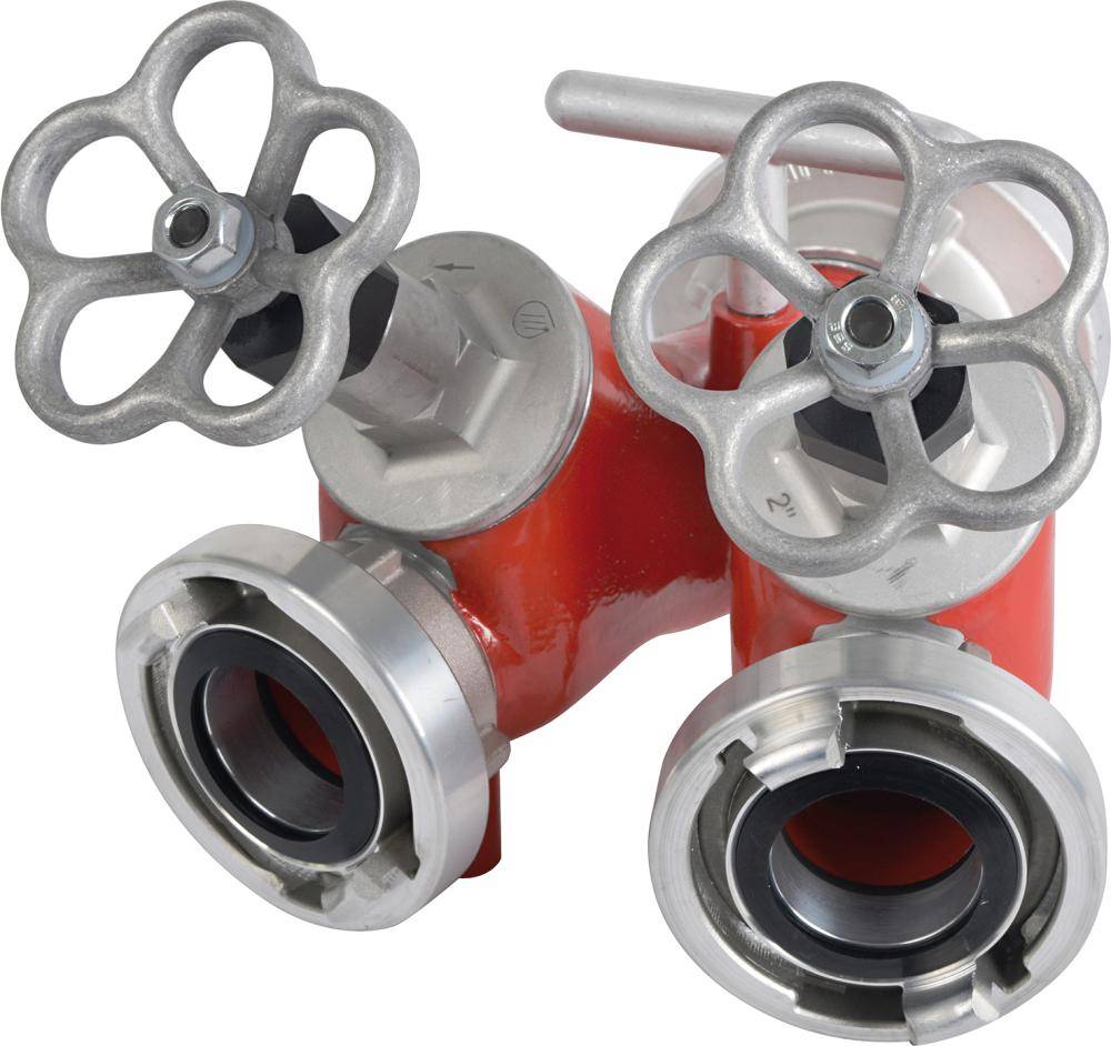 Anschlussverteiler mit Ventilabsperrung, 2 Abgänge, Storz C, Gewinde 2 x AG 2"