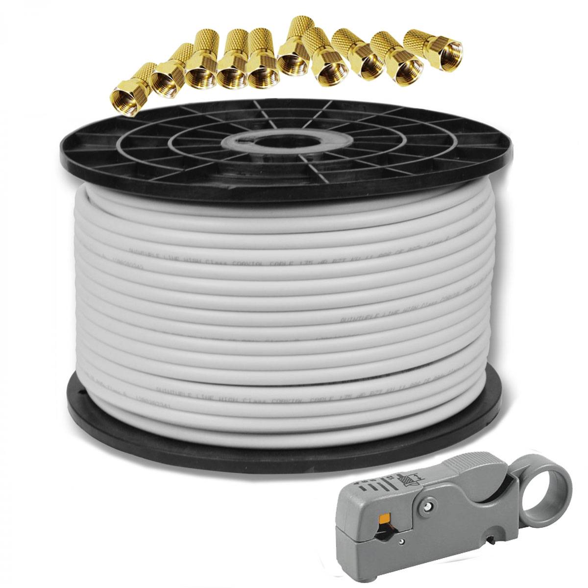 PremiumX 100m Koaxial Kabel Satkabel 135dB 5-fach Innenleiter REINES KUPFER Abisolierer 10x F-Stecker