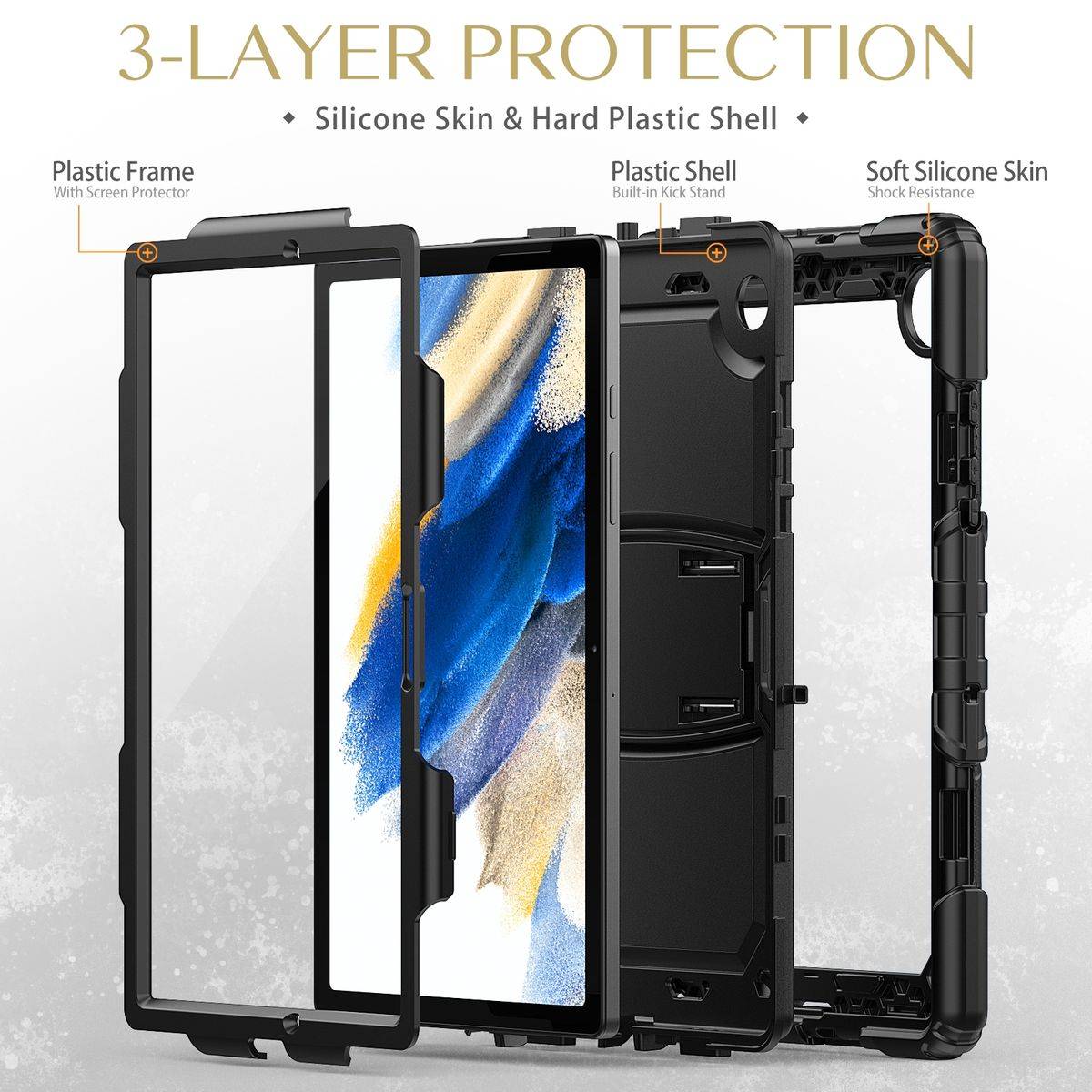 Für Samsung Galaxy Tab A8 10.5 2021 X200 / X205 aufstellbare Outdoor Hybrid Schwarz mit Trage Gurt Tablet Tasche Etuis Cover Case Schutz Robust Neu