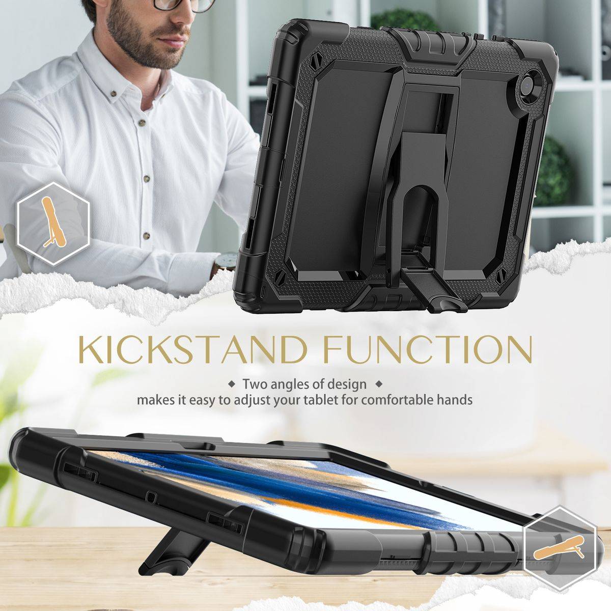 Für Samsung Galaxy Tab A8 10.5 2021 X200 / X205 aufstellbare Outdoor Hybrid Schwarz mit Trage Gurt Tablet Tasche Etuis Cover Case Schutz Robust Neu